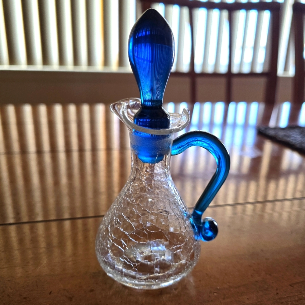 Vintage Rainbow Glass Cruet With Cobalt Blue Stopper